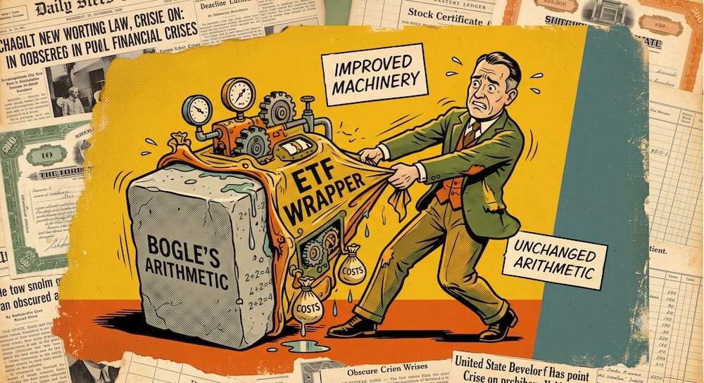Innovacion de la Estructura ETF versus la Matematica Financiera Inalterable Un inversor tira hacia atras de un motor mecanico flexible etiquetado como Estructura de ETF y Maquinaria Mejorada, exponiendo un bloque de piedra solido grabado con la Matematica de Bogle y ecuaciones basicas como 2+2=4. Bolsas ocultas etiquetadas como Costos se encuentran debajo de los engranajes mostrando que la cañeria financiera moderna no altera la matematica fundamental de las comisiones.