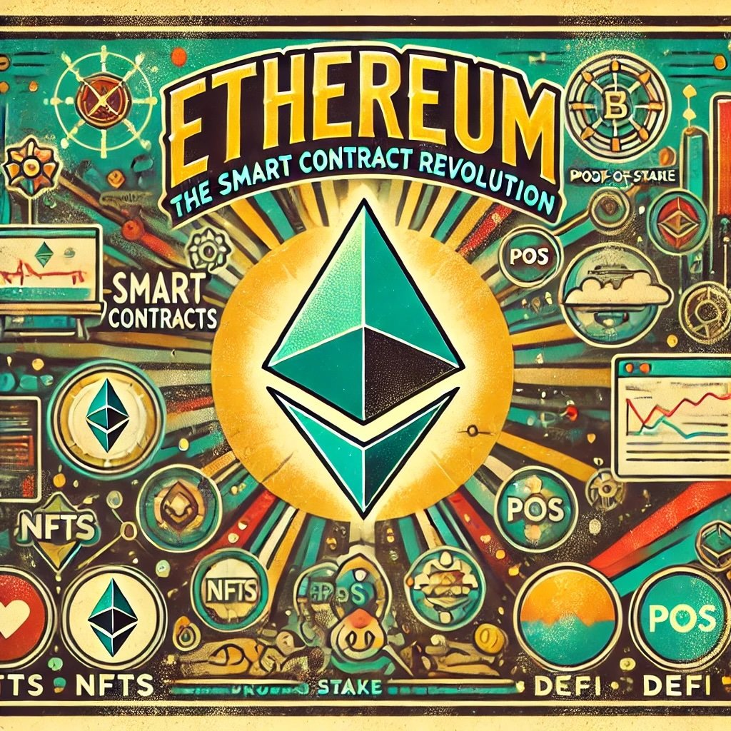 Ethereum The Smart Contract Revolution highlighting Ethereum's innovation with smart contracts, decentralized applications, and its transition to Proof-of-Stake. The visual captures the essence of Ethereum's transformative impact on blockchain technology.