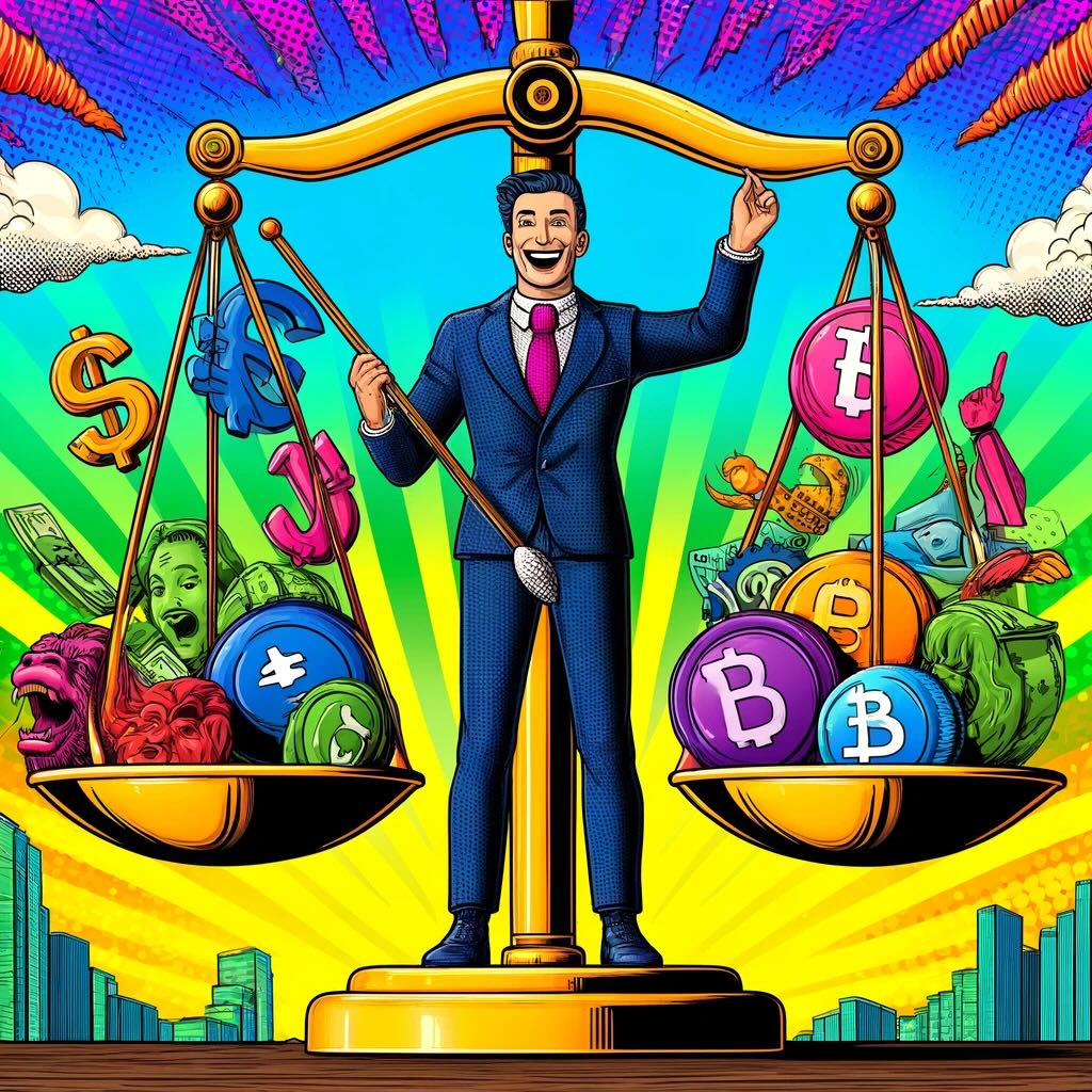 Even-Steven Portfolio" image, illustrating the concept of a perfectly balanced investment strategy with aesthetics. This whimsical scene features a cartoonish investor on a giant scale, achieving financial equilibrium with a variety of investment instruments, set against a vibrant, comic-style financial backdrop.