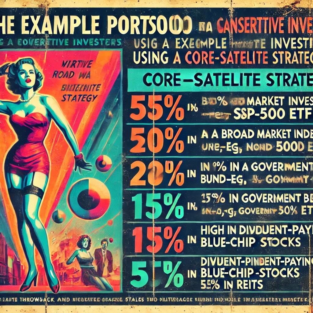 example portfolio for a conservative investor using a core-satellite strategy. It showcases the allocation of 85% to core investments and 15% to satellite investments