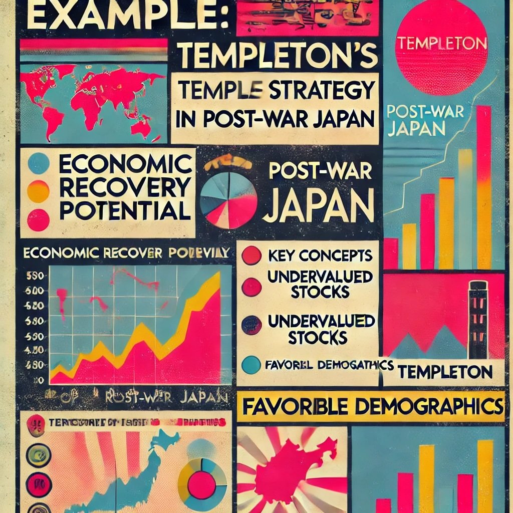 Example Templeton's Strategy in Post-War Japan key concepts like economic recovery potential, undervalued stocks, and favorable demographics