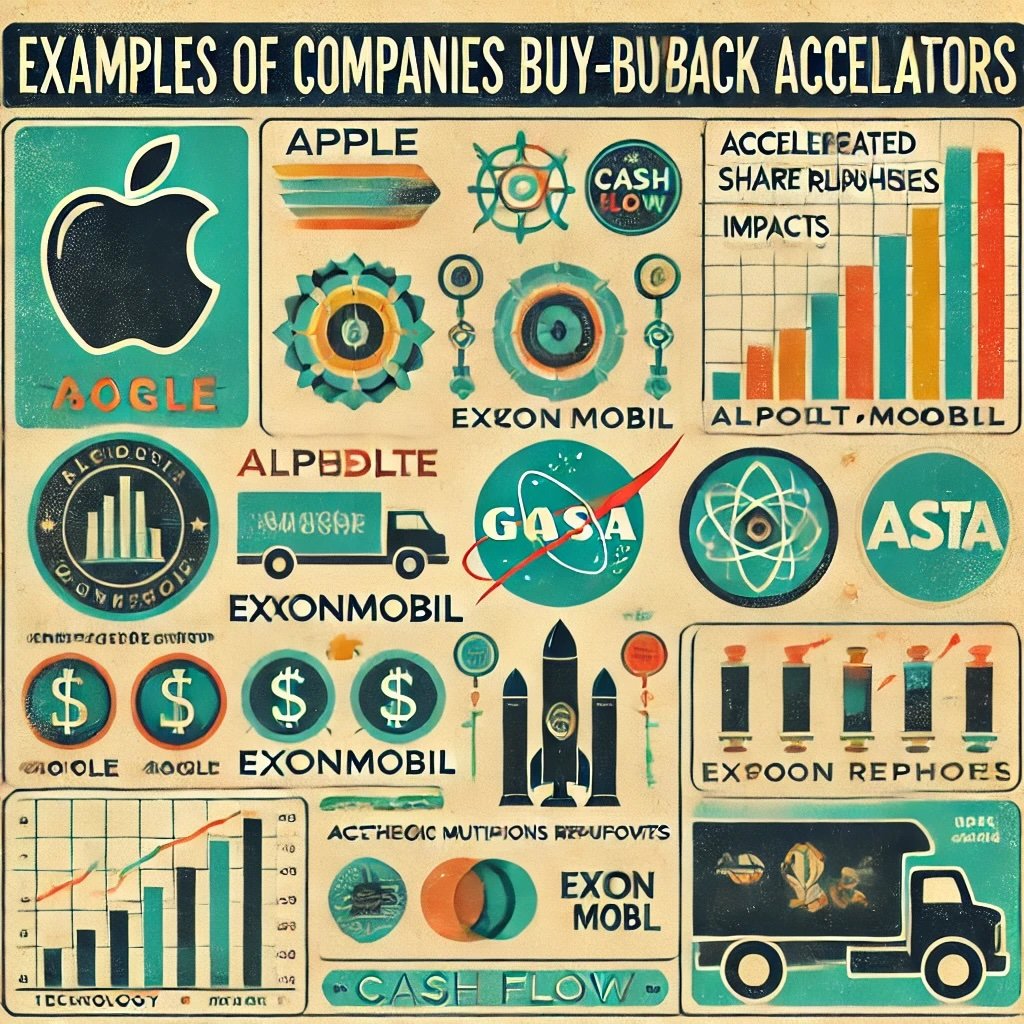 Examples of Companies Using Buy-Back Accelerators concept showcases notable firms like Apple, Alphabet, ExxonMobil, and Meta Platforms implementing ASRs. It illustrates their strategic motivations, such as boosting confidence, managing cash reserves, and enhancing EPS, while addressing varied outcomes influenced by industry and timing. This retro-styled visual highlights the impactful role of ASRs across diverse corporate strategies.