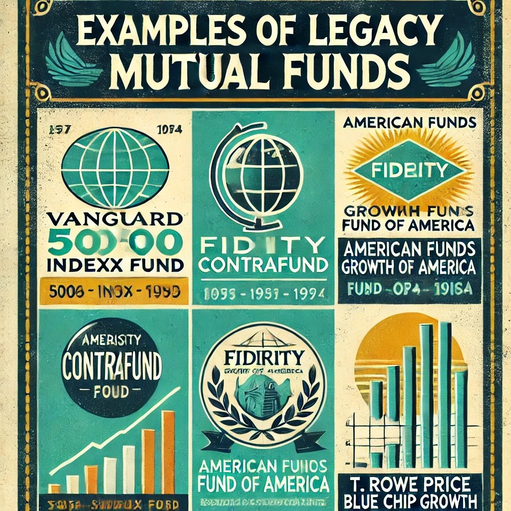 Examples of Legacy Mutual Funds renowned funds like Vanguard 500 Index Fund, Fidelity Contrafund, American Funds Growth Fund of America, and T. Rowe Price Blue Chip Growth. It emphasizes their legacy of stability, global growth focus, and long-term performance. This visual highlights their enduring impact and importance within the mutual fund industry.