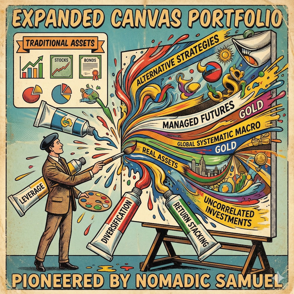 Retro comic-style illustration titled "Expanded Canvas Portfolio Pioneered by Nomadic Samuel." An investor-artist in a suit and beret uses oversized paint tubes labeled "Leverage," "Diversification," and "Return Stacking" to paint a giant canvas filled with "Managed Futures," "Global Systematic Macro," "Gold," and "Real Assets" alongside "Traditional Assets."