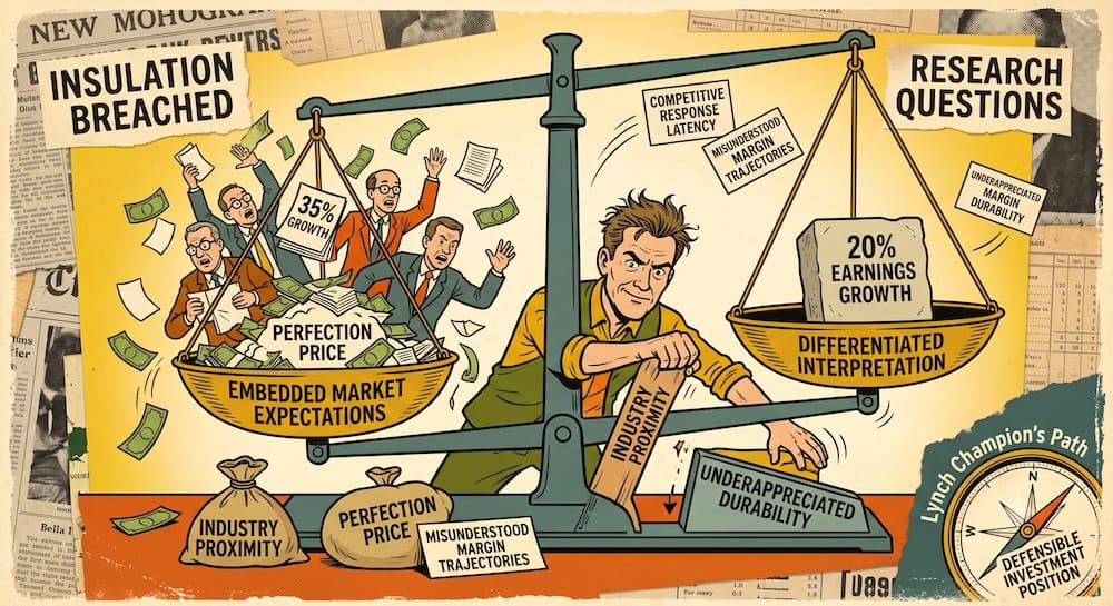 Investor with domain experience using 'INDUSTRY PROXIMITY' as a physical lever to upend a balance scale where 'EMBEDDED MARKET EXPECTATIONS' for '35% GROWTH' have created a 'PERFECTION PRICE' that dwarfs the actual '20% EARNINGS GROWTH'. In doing so, he uncovers a structural gap and a lever labeled 'UNDERAPPRECIATED DURABILITY'.