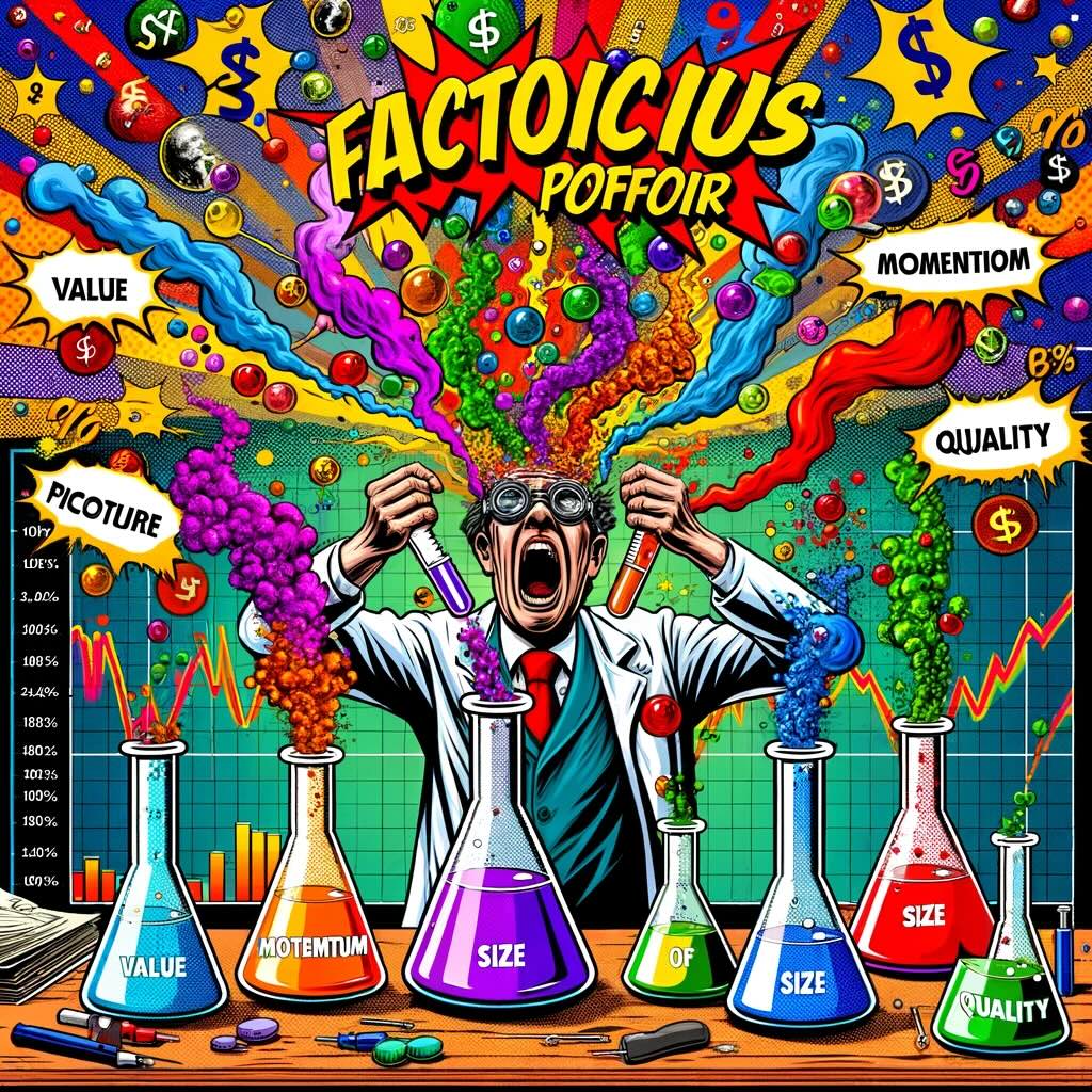 "Factorious Portfolio" image, depicting a mad scientist investor experimenting with various investment factors. This scene captures the essence of factor investing with a creative and exaggerated twist, complete with comic-style financial symbols and explosions.