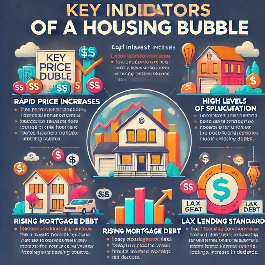 factors that contribute to the formation of a housing bubble, including rapid price increases, low interest rates, high levels of speculation, rising mortgage debt, and lax lending standards