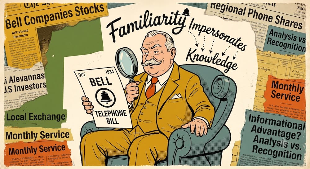 Familiarity impersonates knowledge as a caricature of a complacent 1930s investor mistake. He uses a magnifying glass not for deep analysis, but to confidently examine a "Bell Telephone Bill," mistaking regular service use for an investing edge. The scene shows high concentrations of Regional Phone Shares and domestic stocks, representing passive investment behavior that relies on brand exposure rather than rigorous research into corporate structure or valuation. This visual narrative represents the core finding of Huberman's behavior-driven finance analysis.