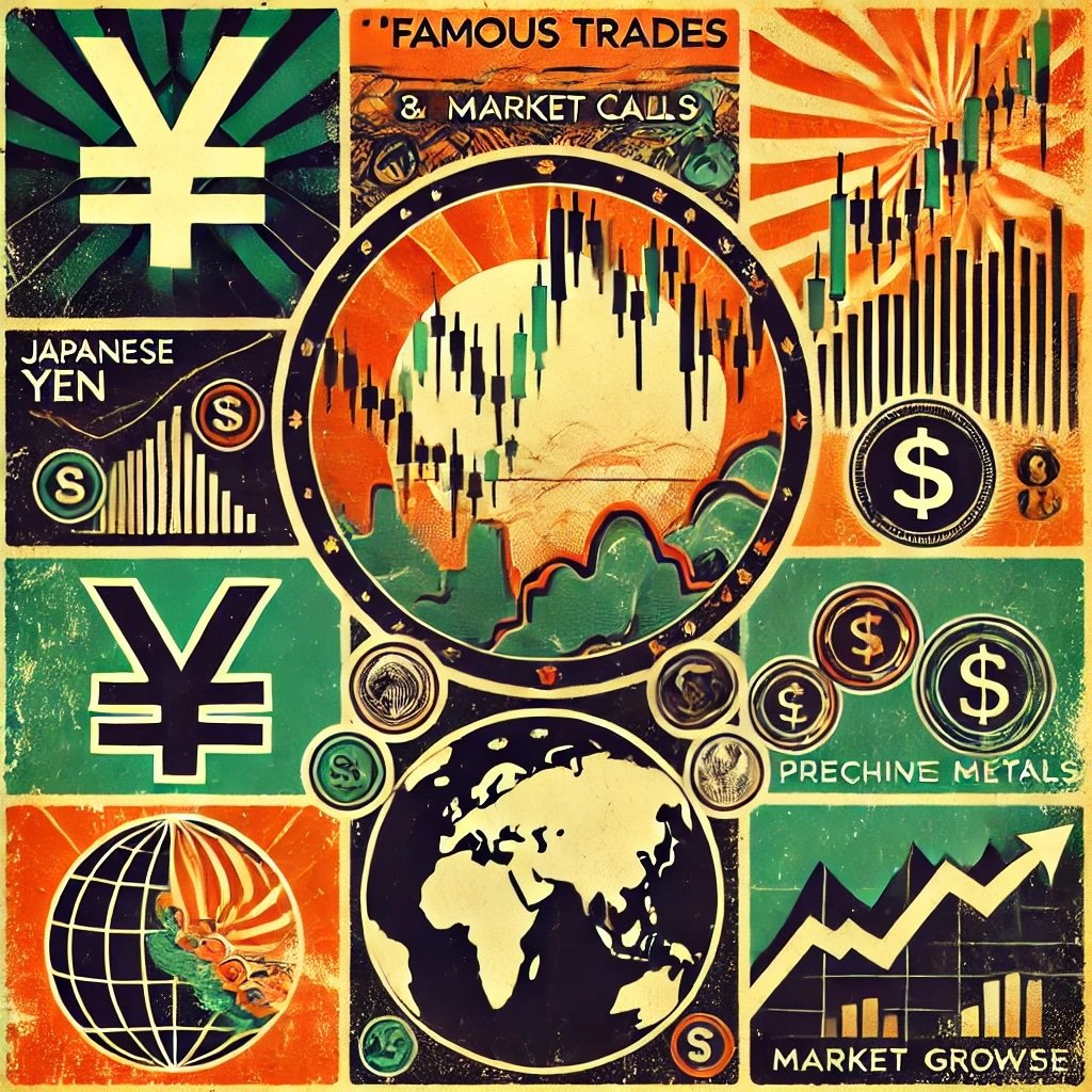 Famous Trades and Market Calls highlighting key elements like the Black Monday trade, Japanese Yen and stocks, Gold and Silver, and Emerging Markets