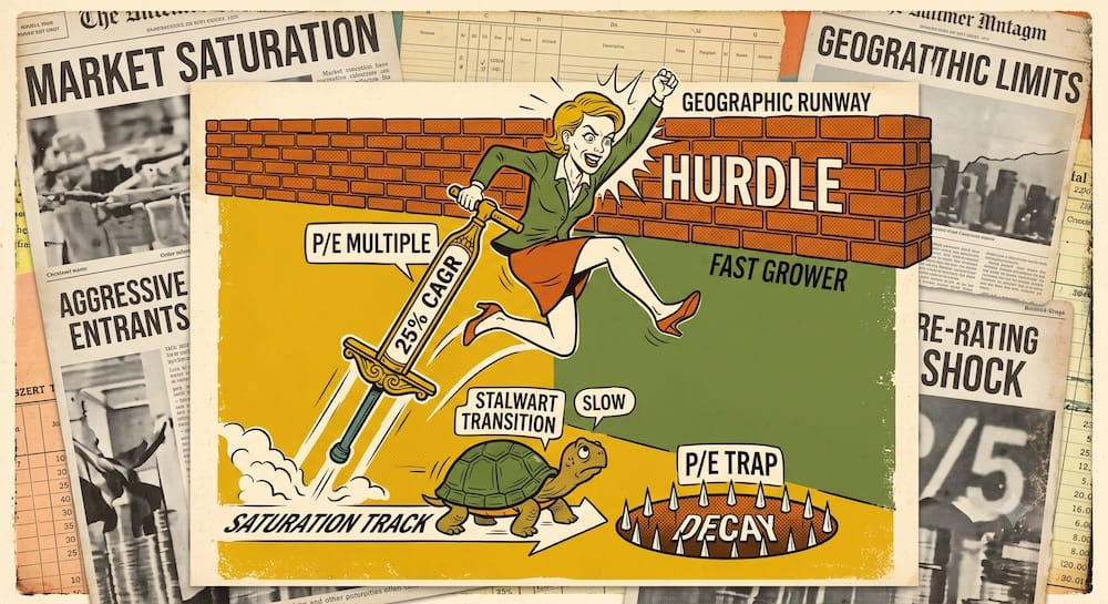 Peter Lynch's Fast Grower Category: The Behavioral Danger of Extrapolating Velocity and the Geographic Runway Hurdle An athletic female 'FAST GROWER' on a 'P/E MULTIPLE' pogo stick with '25% CAGR' about to hit a 'GEOGRAPHIC RUNWAY' brick wall with 'HURDLE' embedded. Below, a slow turtle 'STALWART TRANSITION' avoids a 'P/E TRAP' labeled 'DECAY'. Faded newspaper background reads 'MARKET SATURATION', 'AGGRESSIVE ENTRANTS', and 'RE-RATING SHOCK'
