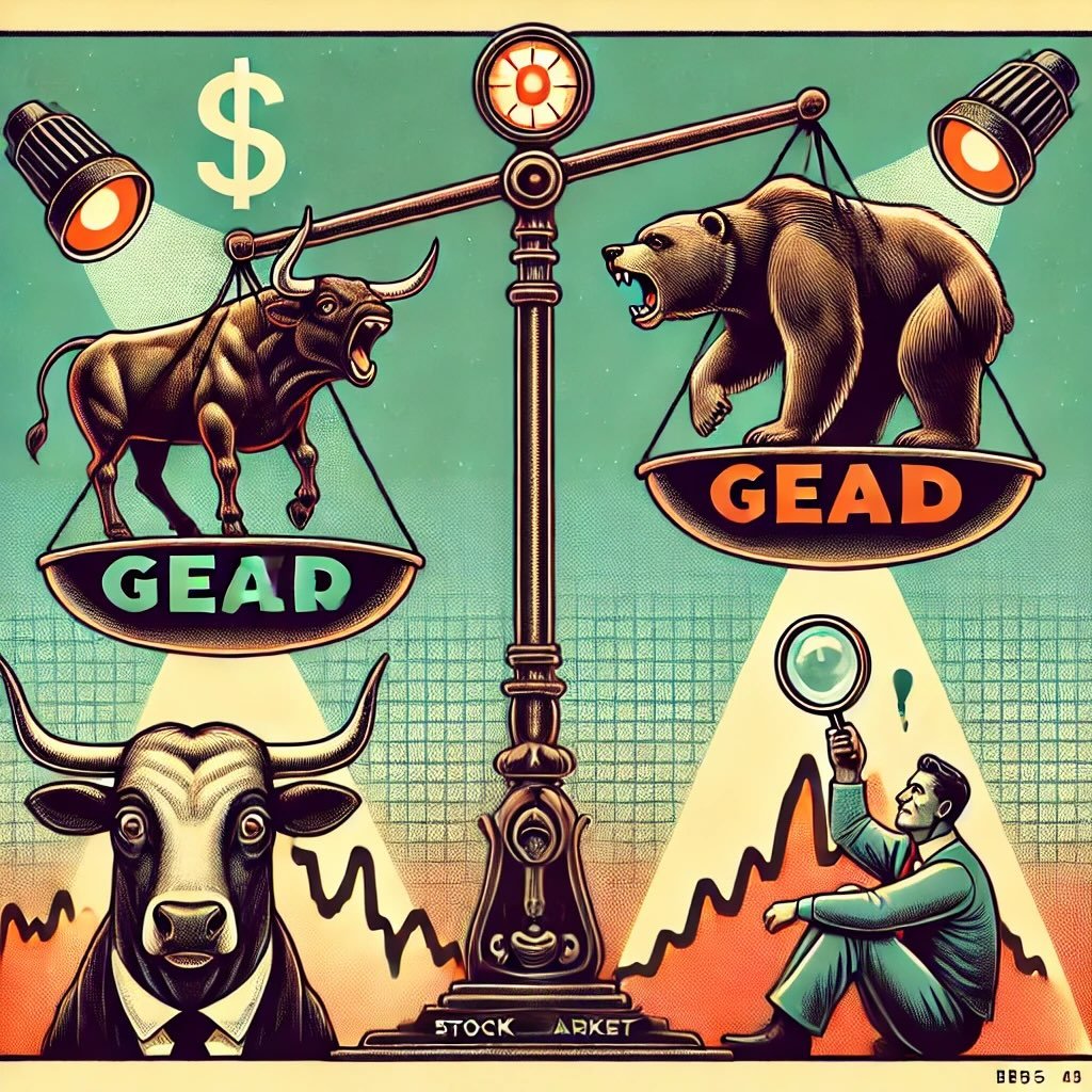 Fear and Greed The Market’s Driving Forces depicting a stock market scale tipping between a roaring bull for greed and a cowering bear for fear with Emotional investors