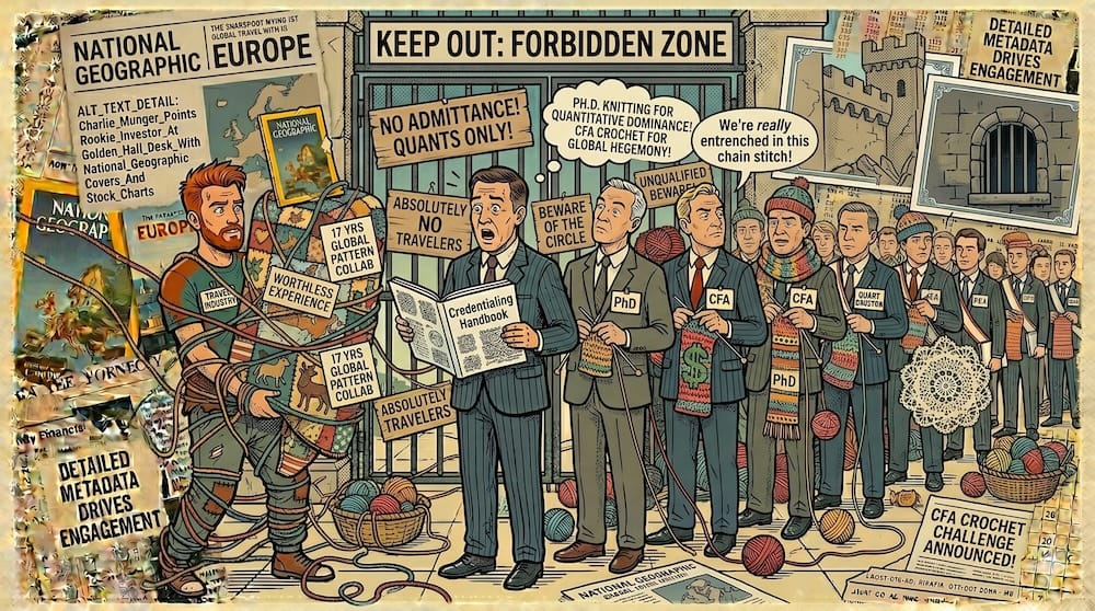 A retro editorial cartoon and collage satirizing elite institutional exclusion. A group of elderly, pompous financial gatekeepers wearing judicial robes and powdered wigs sit in a ridiculous sewing circle, frantically knitting giant barriers of red tape, barbed wire, and academic certificates. Their eyes bulge with manic intensity as they operate sewing machines fueled by melting gold coins. Barbed wire fences wrap around the scene, plastered with signs reading "KEEP OUT," "ENTRENCHED PRIVILEGE," and "GLAZE ONLY." The background is a dense Neo-Dada collage of complex stock market algorithms, shredded financial diplomas, and old ledger paper.