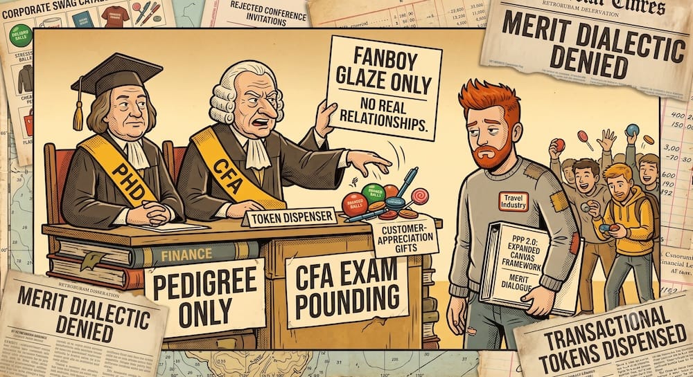 A retro cartoon collage of an exhausted red-haired man holding a binder titled 'PPP 2.0: EXPANDED CANVAS FRAMEWORK'. Two pompous gatekeepers in academic robes and PHD/CFA sashes sit at a desk labeled 'TOKEN DISPENSER'. One gatekeeper holds a 'FANBOY GLAZE ONLY' sign while condescendingly handing out cheap customer-appreciation gifts like stress balls and lollipops to cheering fanboys.
