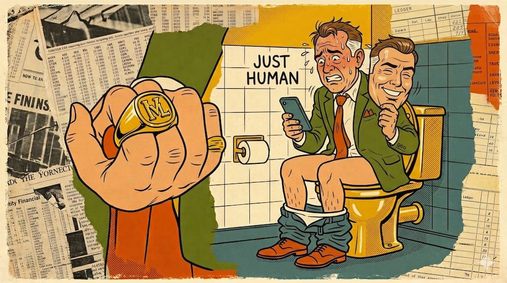 A detailed retro cartoon illustration and collage depicting a panicked, sweating finance man in a green suit seated on a golden toilet with pants down, holding a smartphone and a removable smiling finance bro mask. The wall text reads 'JUST HUMAN'. The background features distressed newspapers with a headline 'SEO PACKAGE REVEALED' and margin notes 'OPTIMIZED ALT TEXT FOR ALL FIGURES' and 'DETAILED METADATA DRIVES ENGAGEMENT'. A massive fist with an 'M' ring pulls back a curtain on the left.