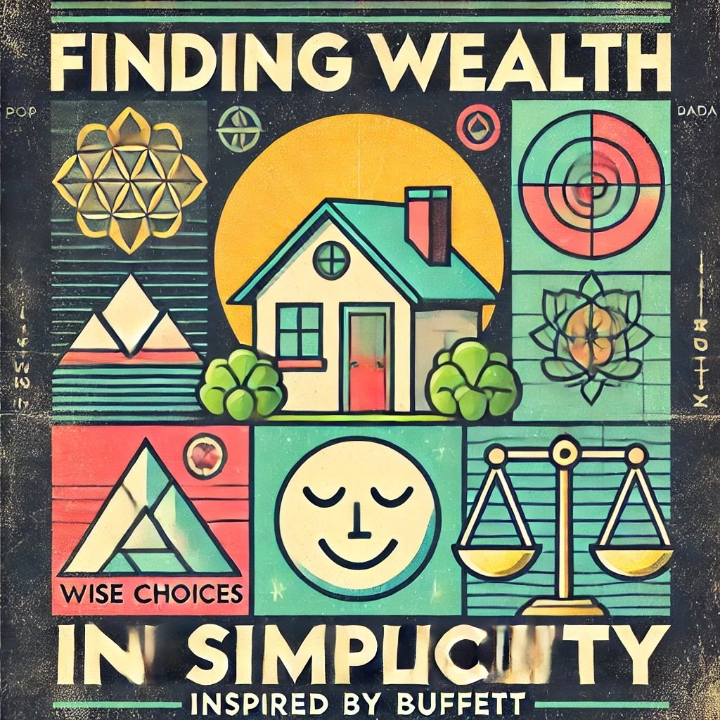 Finding Wealth in Simplicity icons of a cozy modest home small flourishing garden a smiling face for happiness power of frugal and content living inspired by Buffett’s philosophy