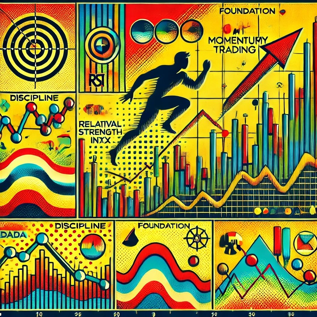 foundation of momentum trading featuring dynamic elements of market trends, price movements, and key technical indicators representing the core principles of momentum trading.