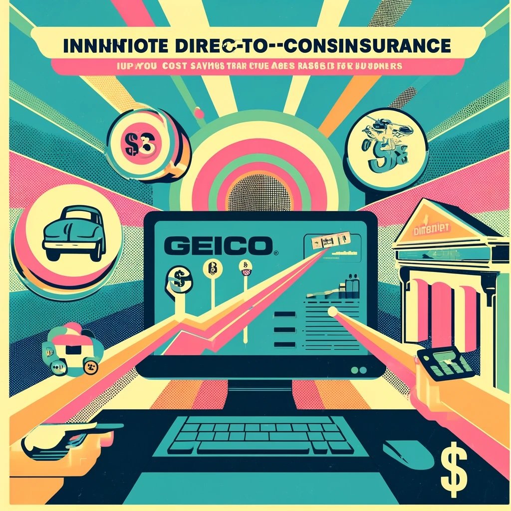 GEICO’s direct-to-consumer insurance model streamlined process a vintage computer, symbolic savings, and a nostalgic aesthetic revolutionary shift in the insurance industry