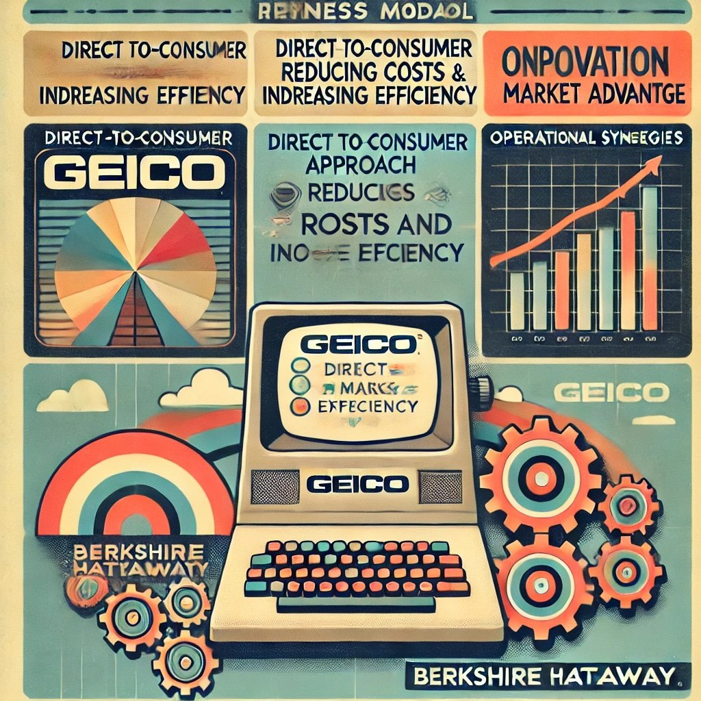 GEICO’s innovative business model, scalability potential, and operational synergies a vintage computer for efficiency, rising graph for growth, interconnected gears for synergy