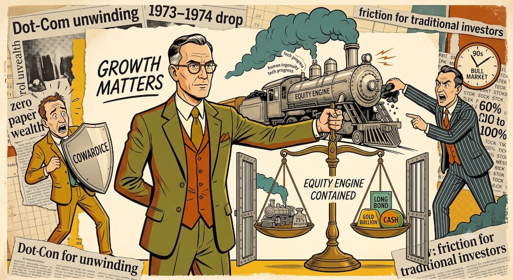 Asignación de activos y control de riesgo: Ilustración de Harry Browne controlando una locomotora que representa el motor de las acciones, manteniendo el equilibrio frente a mercados alcistas.