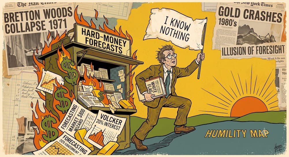 Harry Browne walking toward a sunset, waving a 'I KNOW NOTHING' white flag while carrying the 'Inflation-Proofing Your Investments' book. Behind him, a 'Hard-Money Forecasts' stand burns with crashing gold and market charts. Vintage newspaper headlines detail 'Bretton Woods Collapse' and 'Gold Crashes.'