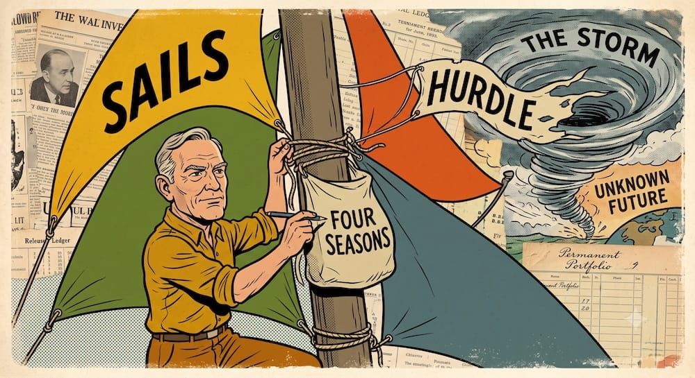 A caricatured investor standing at the four quadrants of Harry Browne's macroeconomic map. He is lashing dynamic sails, labeled with deep mustard yellow, flat olive green, and vibrant burnt orange, to an unyielding mast, ignoring conflicting 'THE STORM' signals in the background collage, while hand-lettering the phrase 'FOUR SEASONS' onto a canvas bag. The entire asset structure is stabilized against structural uncertainty.