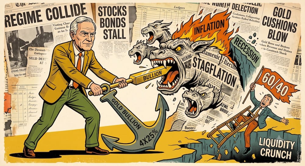 Weathered investor Harry Browne forces a heavy gold anchor labeled '4X25%' and 'GOLD BULLION' into the roaring mouth of a 'STAGFLATION' beast that is both on fire from 'INFLATION' and a collapsing cliff of 'RECESSION'. On the right, a traditional 60/40 allocator panics while a bond ladder snaps, falling into a 'LIQUIDITY CRUNCH' abyss. 