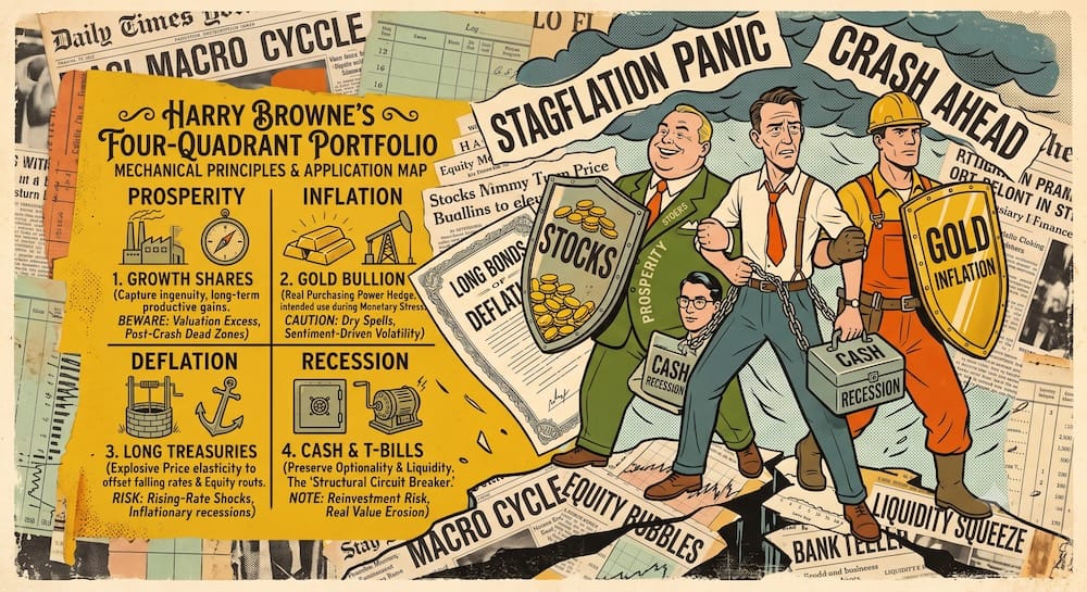 Plano mecánico de cuatro cuadrantes de la Cartera Permanente de Harry Browne Asignación de activos de la Cartera Permanente de Harry Browne: mapa de principios mecánicos con un inversor luchando contra una tormenta de estanflación usando cuatro escudos.
