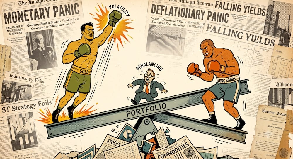 Harry Browne’s Portfolio Volatility Mechanism Illustrated via Heavyweight Boxers on Seesaw Two heavyweight boxers on a seesaw labeled 'PORTFOLIO' in a news headlines like 'MONETARY PANIC'. One boxer in trunks labeled 'GOLD' is exploding upward while a tiny retail investor on the fulcrum labeled 'REBALANCING' struggles to keep balance using maximum duration exposure and clean correlations.