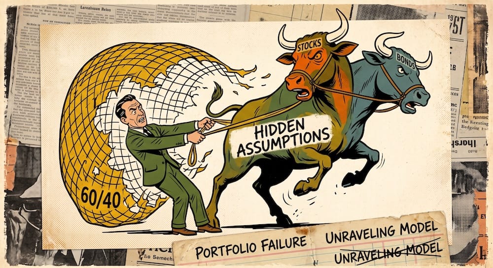 A caricatured investor trying to restrain a wild, bucking two-headed beast. The beast has one head labeled 'STOCKS' and the other 'BONDS'. He is using a flimsy '60/40' net that is rapidly tearing. 