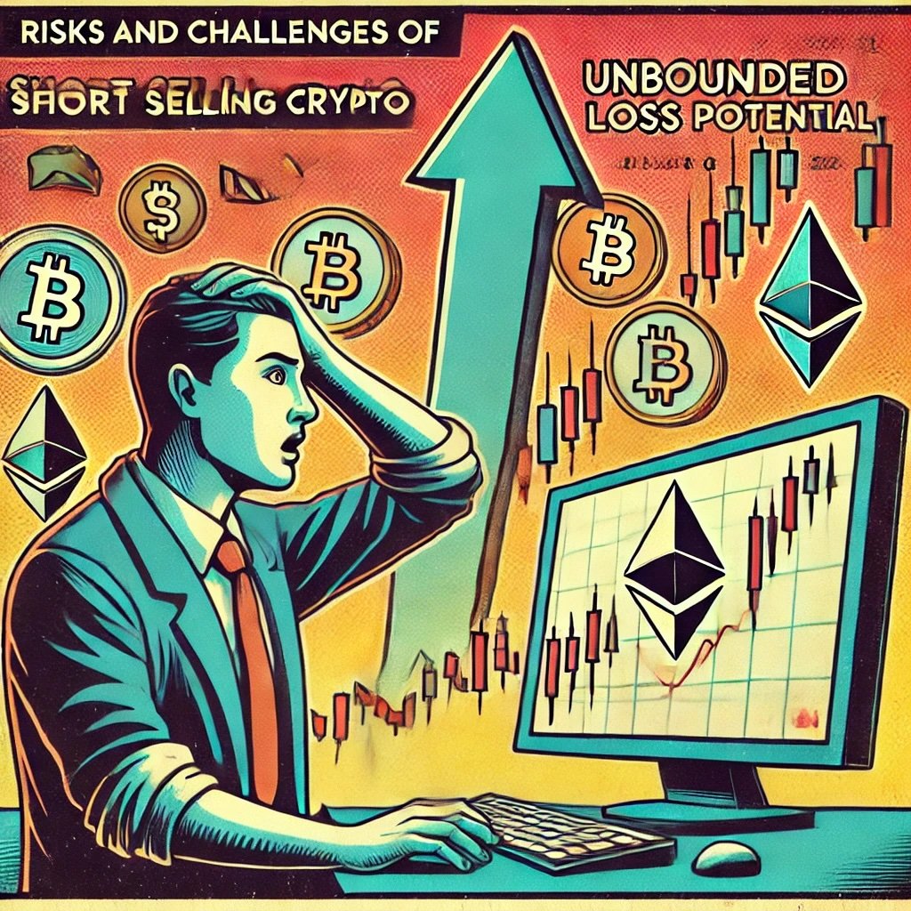 high-risk nature of short selling in crypto markets depicts the stress of traders watching prices surge against their short positions, with cryptocurrency symbols like Bitcoin and Ethereum reinforcing the context of volatility. The retro design amplifies the tension, blending bold visuals with nostalgic aesthetics to emphasize unbounded loss potential and market unpredictability. 