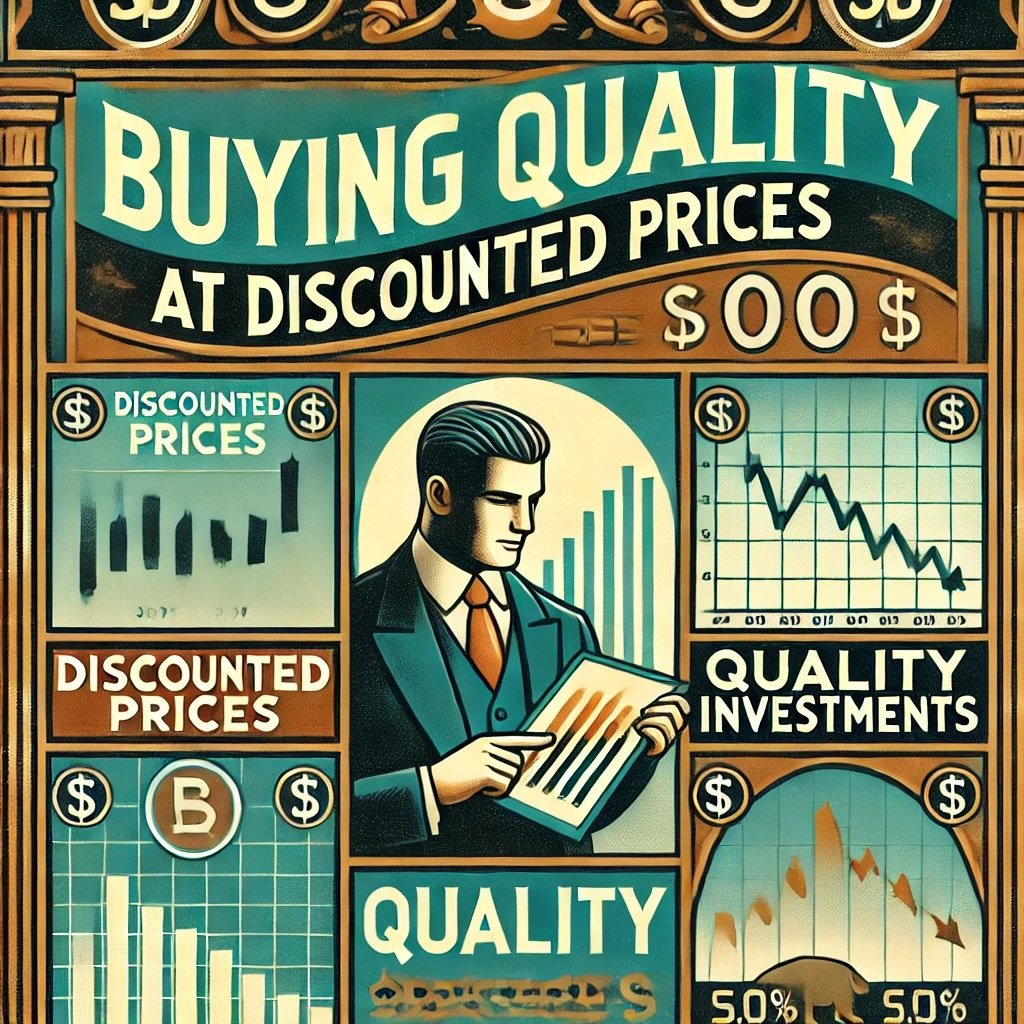 highlighting the concept of Buying Quality at Discounted Prices during economic downturns reflects a vintage marketplace atmosphere symbols of resilience and strategic investment