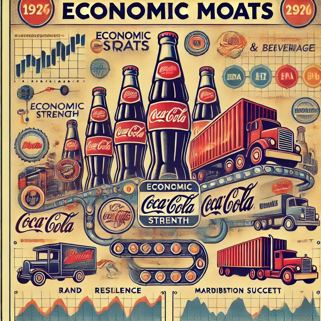 highlighting the concept of economic moats in the food and beverage sector, focusing on brand strength and robust distribution networks in vintage aesthetics