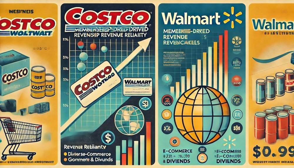 Highlights Costco's steady, membership-driven revenue with an upward graph and bulk goods on the left. The right side features Walmart's global scale, represented by a globe and a vibrant stock performance chart showcasing its e-commerce and dividend strategies. 