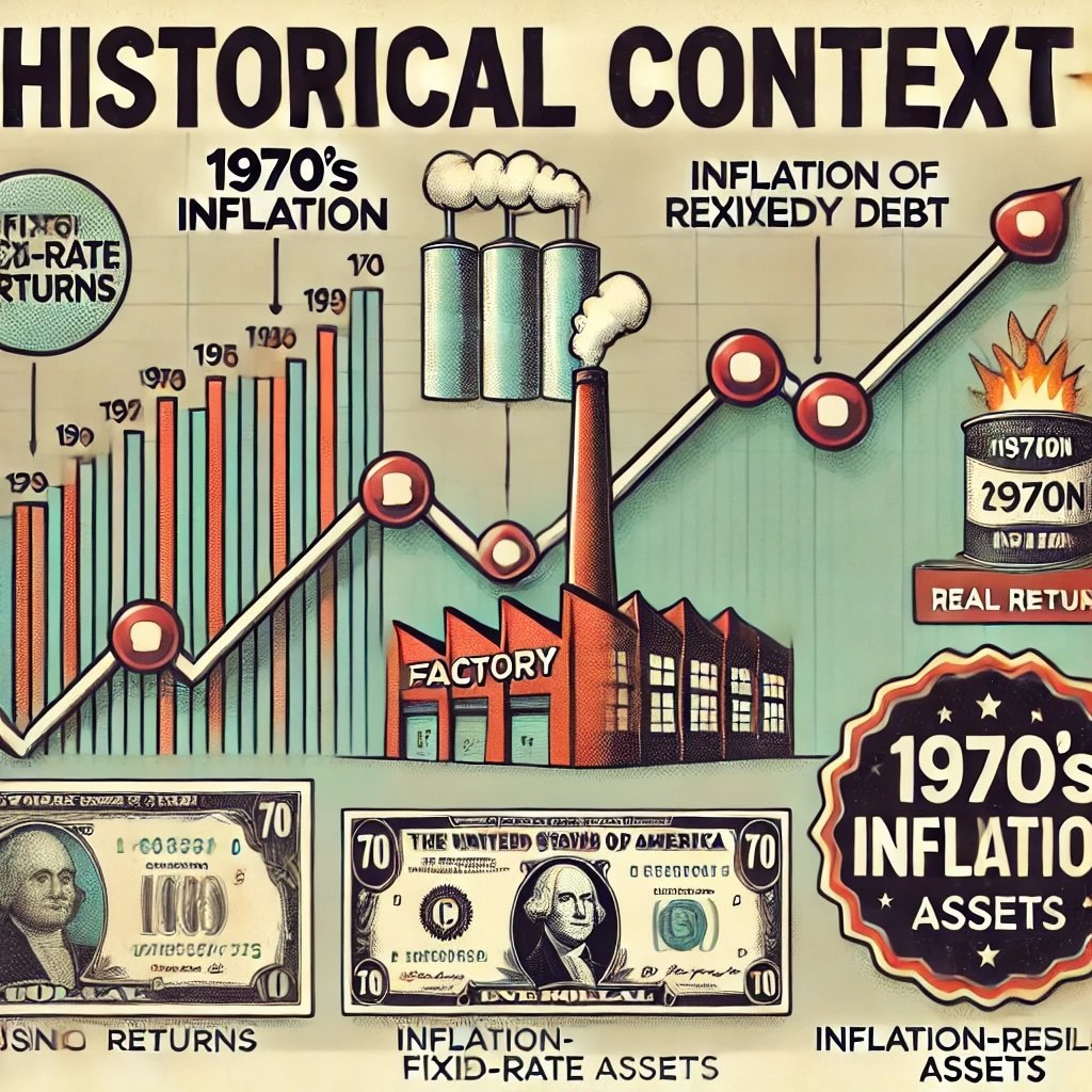 Historical Context highlights the lessons of inflation during the 1970s featuring timeline with spikes labeled 1970s Inflation factory with rising costs and stack of devalued money