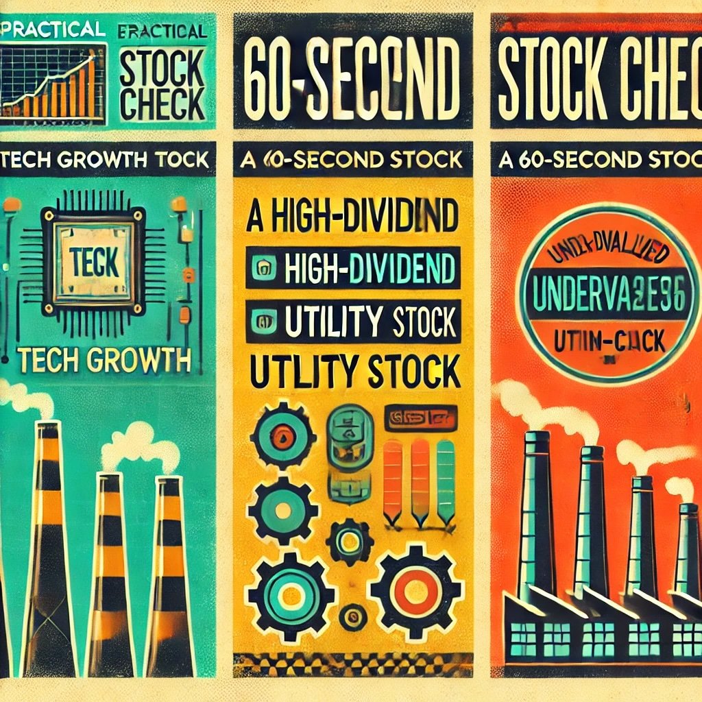 how the 60-second stock check applies to various stock types a tech growth stock, a high-dividend utility stock, and an undervalued mid-cap stock