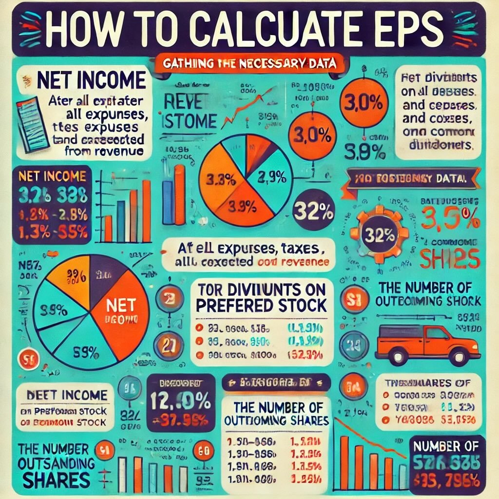 "How to Calculate EPS," focusing on gathering the necessary data. It covers the importance of net income, dividends on preferred stock, and the number of outstanding shares