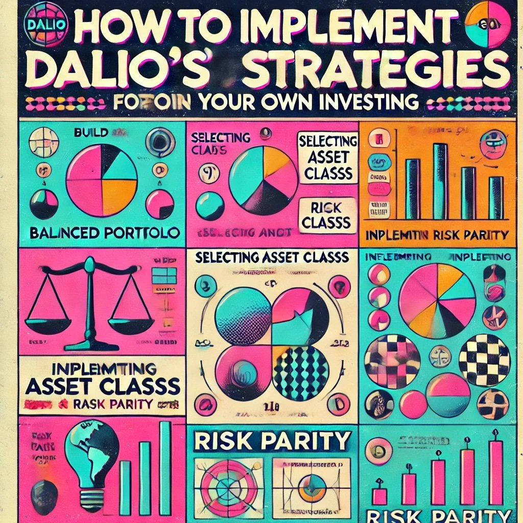 How to Implement Dalio’s Strategies in Your Own Investing captures key steps like building a balanced portfolio, selecting asset classes, and implementing risk parity