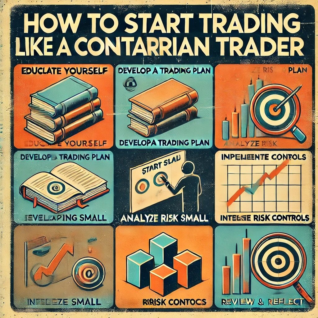 How to Start Trading Like a Contrarian Trader showcases elements like education, planning, risk control, and market analysis