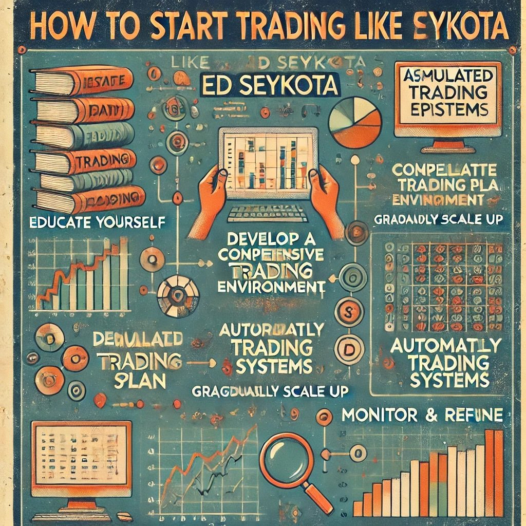 How to Start Trading Like Ed Seykota," featuring key steps like Educate Yourself, Develop a Comprehensive Trading Plan, Simulated Trading Environment, Gradually Scale Up, Automated Trading Systems, and Monitor and Refine