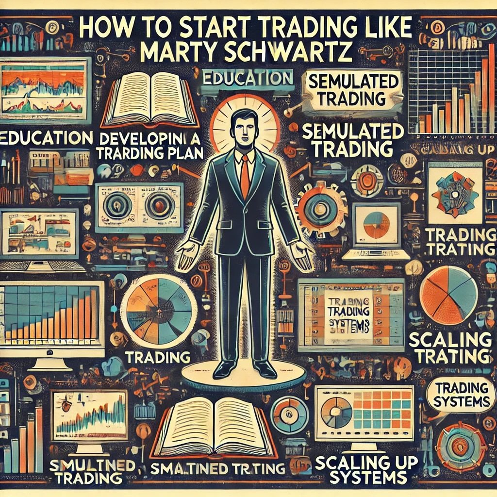 how to start trading like Marty Schwartz, showcasing steps like education, developing a trading plan, simulated trading, and using automated systems