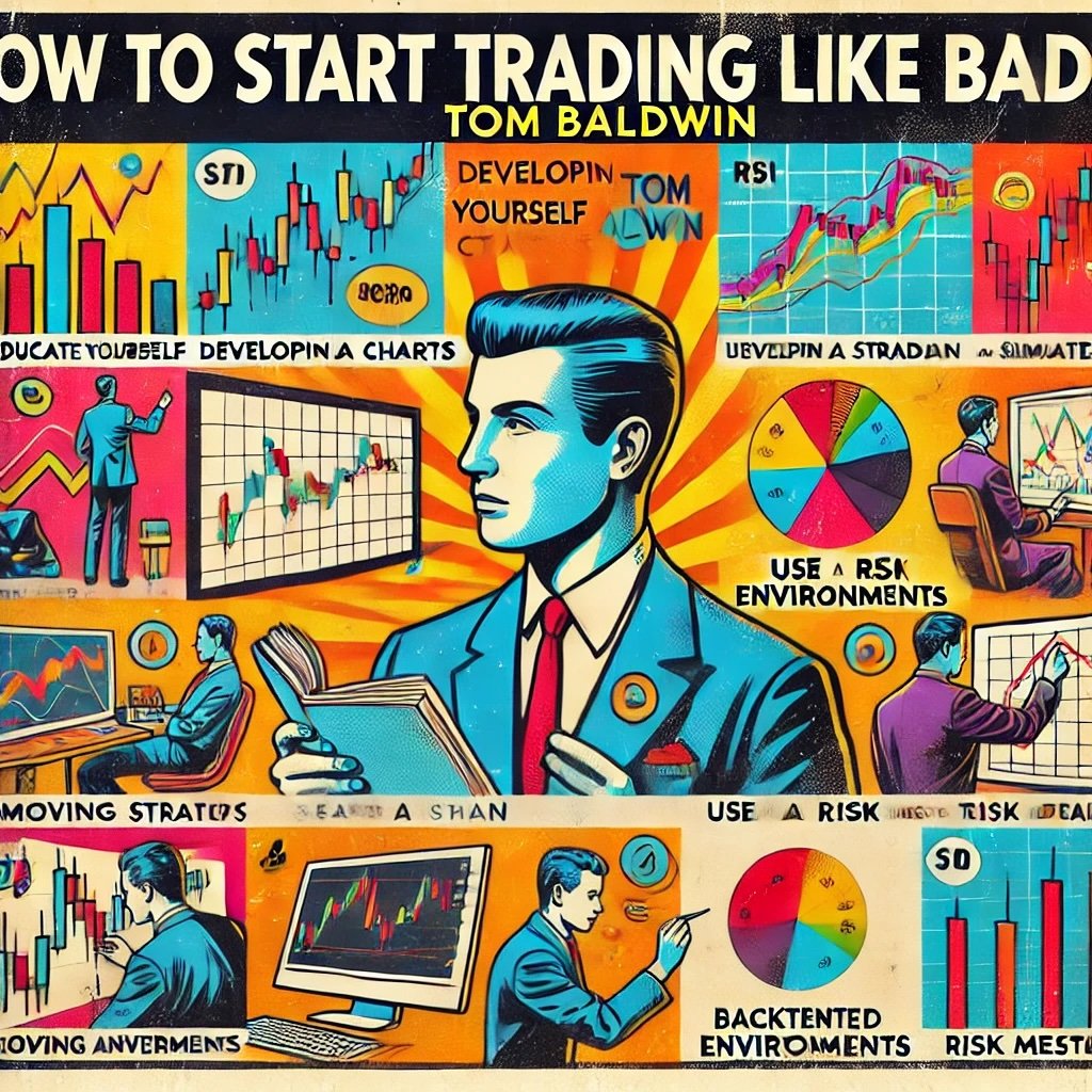 How to Start Trading Like Tom Baldwin," highlighting key steps such as developing a trading plan, using simulated environments, and implementing risk management