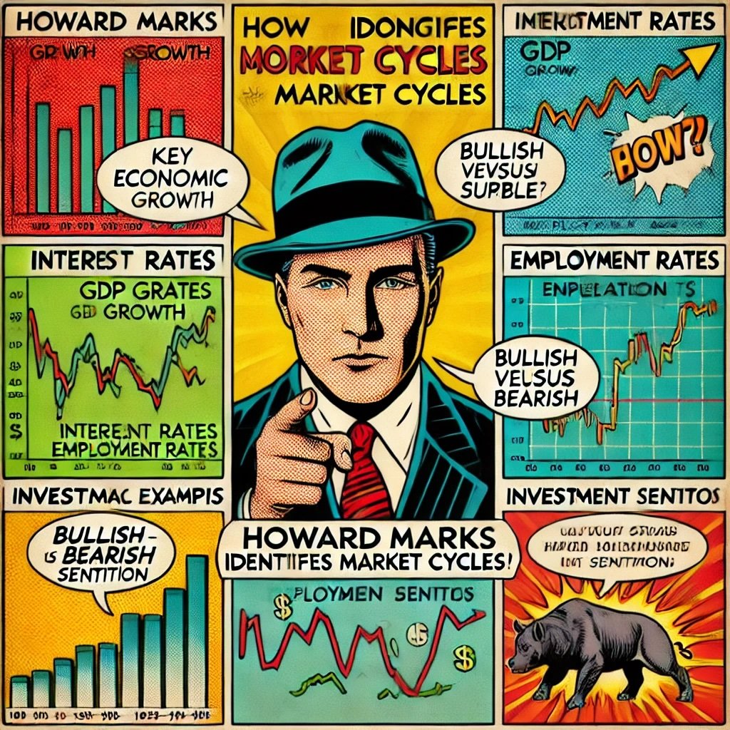 Howard Marks’ approach to identifying market cycles, incorporating key economic indicators and historical market examples represent the fluctuations in the market and strategic investment decisions