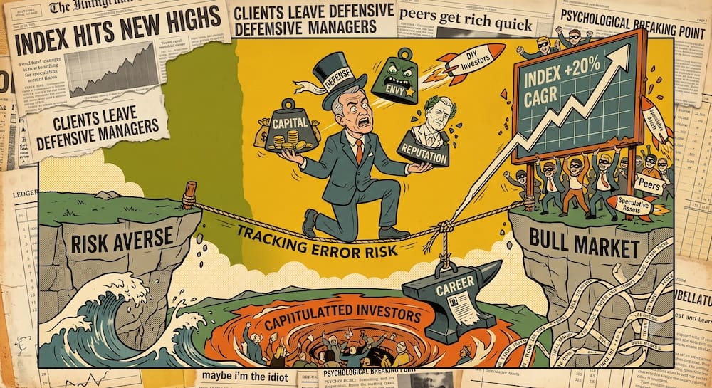 El costo real de la defensa: resistir la envidia social y el tracking error prolongado sin capitular Riesgo de desvío frente al índice y presión psicológica en inversiones: un inversor haciendo equilibrio sobre una cuerda floja en un mercado alcista