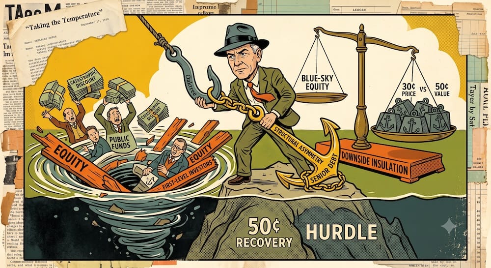 Howard Marks with an 'OAKTREE' hook pulls a 'SENIOR DEBT' anchor from a whirlpool. Public funds panic and throw off heavy anchors as others sink with 'EQUITY' planks. An antique scale weighs 'BLUE-SKY EQUITY' against 'DOWNSIDE INSULATION' anchors. Headlines from the "Taking the Temperature" memo are embedded in the background.