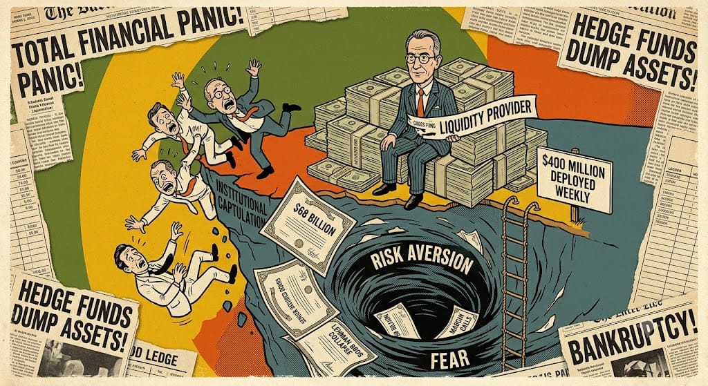 Proveedor de liquidez: Howard Marks esperando con calma cuando el capital desaparece Howard Marks sentado sobre una montaña de efectivo mientras otros banqueros caen de un acantilado de capitulacion institucional hacia un torbellino de aversion al riesgo y llamadas de margen.