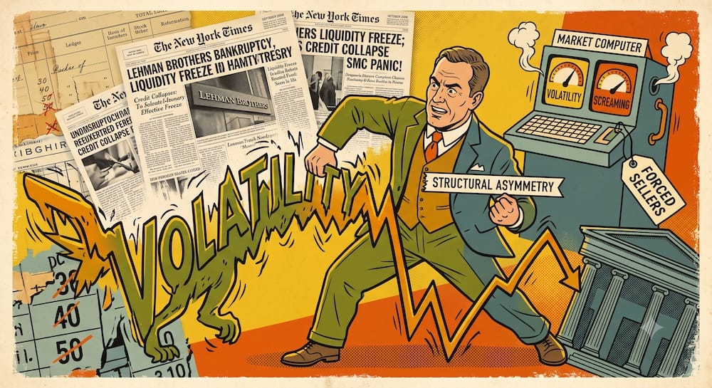 Un ejecutivo de Oaktree luchando contra una criatura gráfica que representa la volatilidad con recortes de diarios de fondo que dicen Lehman Bankruptcy.
