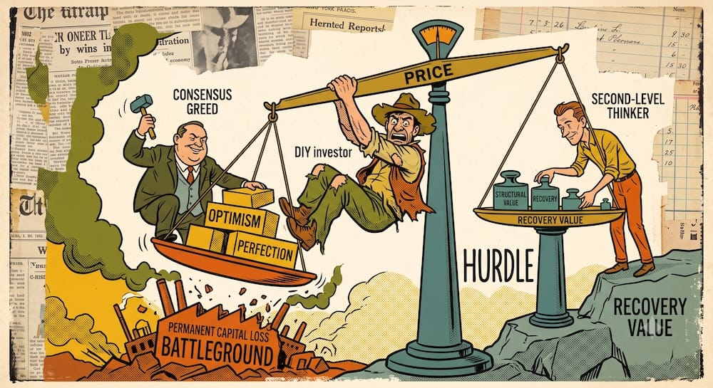 A DIY investor struggling on a tipped balance scale labeled 'PRICE'. A heavytray labeled 'CONSENSUS GREED' is crushed with weights 'OPTIMISM' and 'PERFECTION' over a crumbling factory. On the other side, a stable, low tray stands on a 'RECOVERY VALUE' pillar labeled 'STRUCTURAL VALUE' and 'HURDLE'.