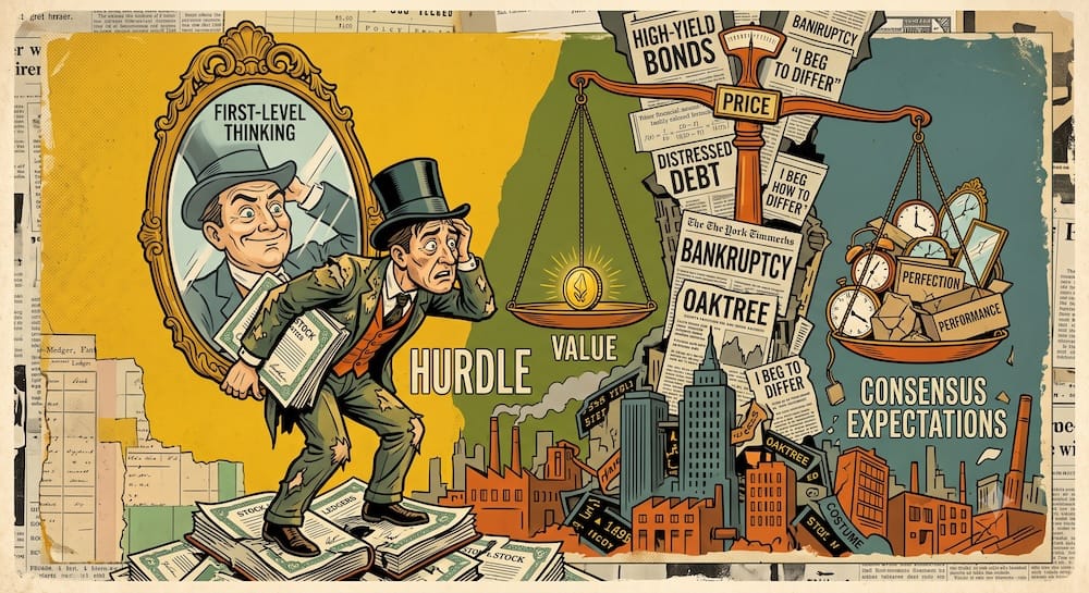 Howard Marks' second-level thinking. An anxious investor carries a 'VALUE' hurdle across broken ledgers toward a towering, asymmetric structure of 'PRICE' expectations. His vanity mirror reflects only a smug 'FIRST-LEVEL' caricature, while the complex structure looms with 'HIGH-YIELD BONDS', 'DISTRESSED DEBT', and 'OAKTREE'.