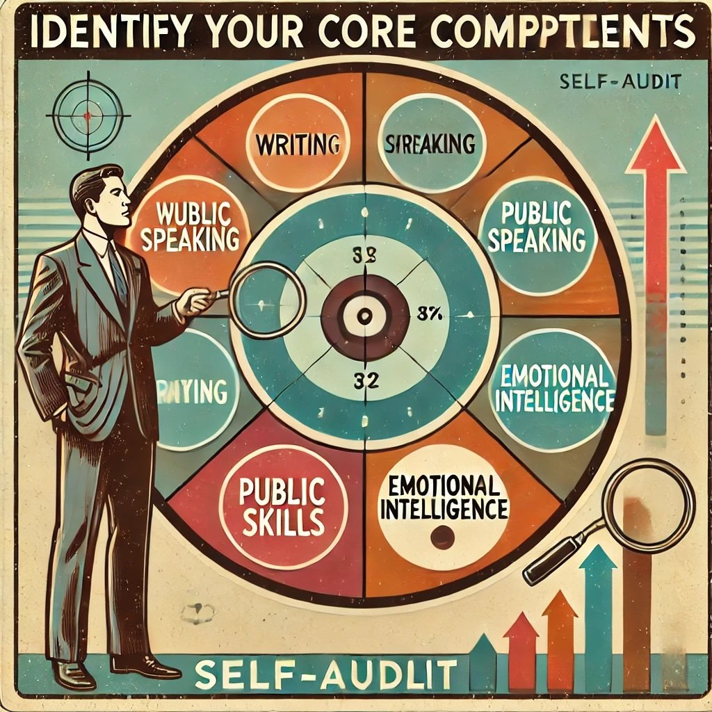 Identify Your Core Competencies features a figure standing before a circular diagram Strengths and Skills for Writing, Public Speaking, Analytics, and Emotional Intelligence