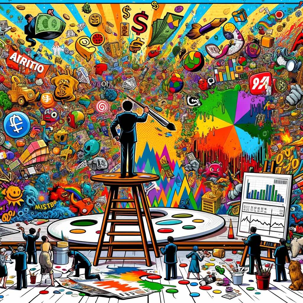Imaginative process of crafting a diversified investment portfolio with a tiny artist painting on a gigantic canvas. It portrays the meticulous artistry involved in portfolio management, surrounded by whimsical characters and a chaotic backdrop of financial symbols.